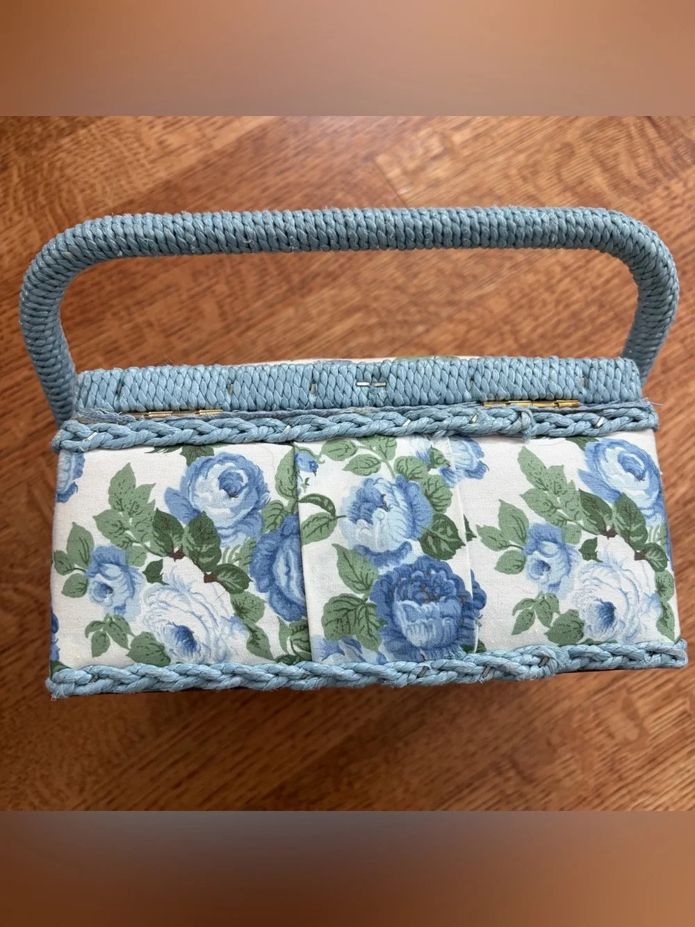 Vintage Floral Quilted Fabric Sewing Box Basket Blue Cottagecore Country Chic
